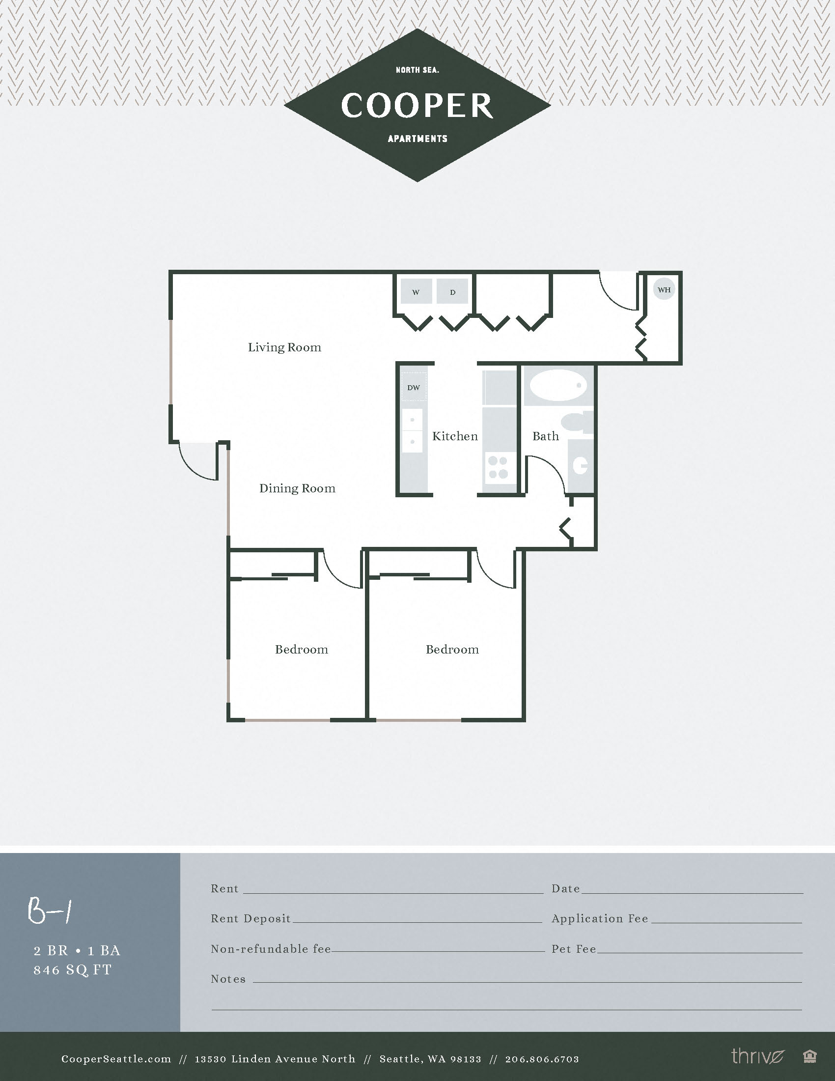 Floor plan for 2 beds, 1 bath, 846 sqft